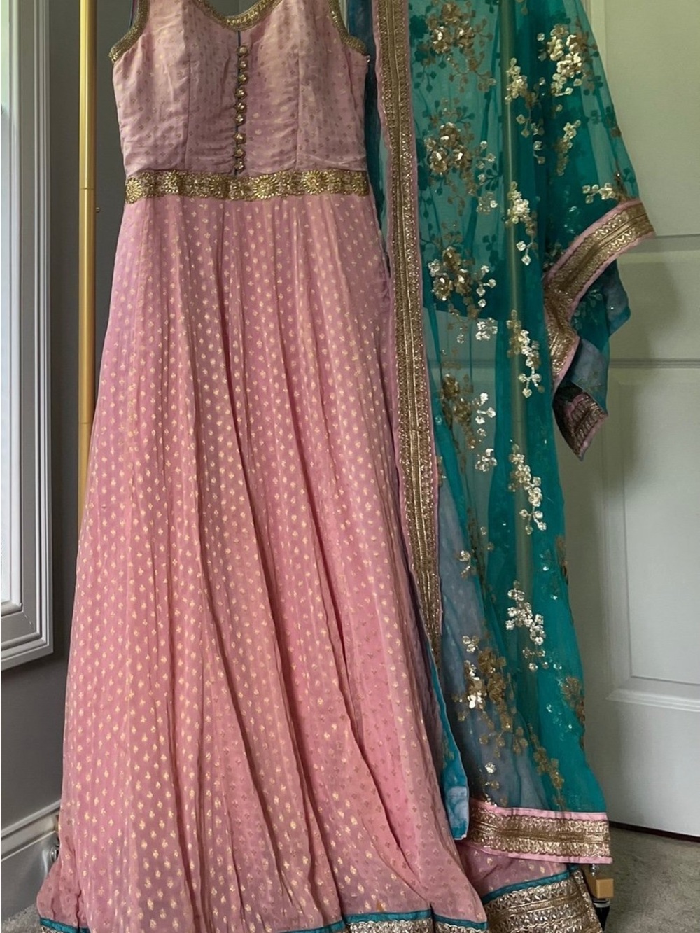 Women’s Pink Embellished Ethnic Gown with Teal Dupatta medium